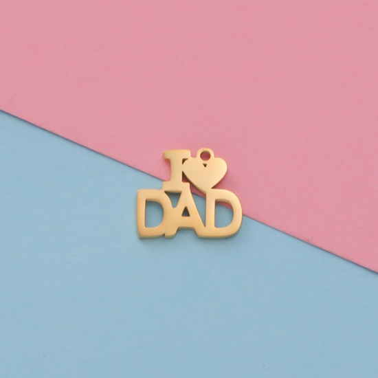 Picture of Eco-friendly 304 Stainless Steel Charms 18K Gold Plated Heart Message " I Love Dad " Mirror 14mm x 16mm, 1 Piece