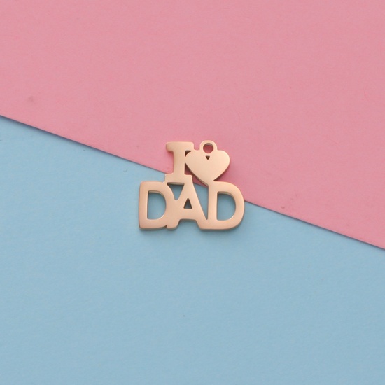 Picture of Eco-friendly 304 Stainless Steel Charms Rose Gold Heart Message " I Love Dad " Mirror 14mm x 16mm, 1 Piece