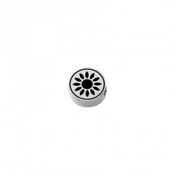 Bild von Umweltfreundlich 304 Edelstahl Perlen für die DIY-Schmuckherstellung Flachrund Silberfarbe Sonnenblume Spiegel 8mm D., Loch: ca. 1.8mm, 1 Stück