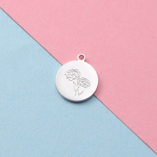 Picture of Eco-friendly 304 Stainless Steel Birth Month Flower Charms Silver Tone Round April Mirror 12mm x 14mm, 2 PCs