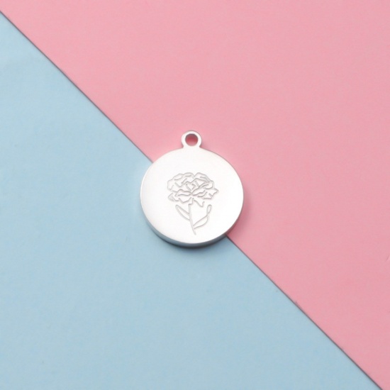 Picture of Eco-friendly 304 Stainless Steel Birth Month Flower Charms Silver Tone Round June Mirror 12mm x 14mm, 2 PCs