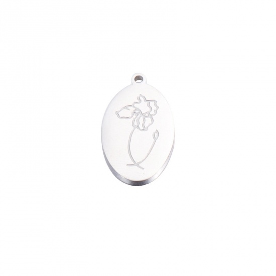 Bild von 1 Stück Umweltfreundlich 304 Edelstahl Februar Geburtsmonat Blume Charms Silberfarbe Oval Iris Blume Spiegel 22mm x 14mm