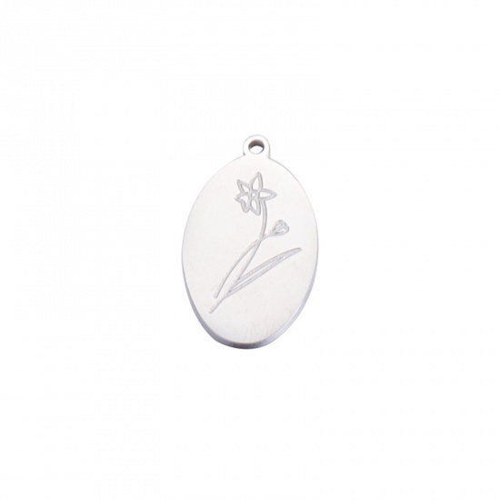 Bild von 1 Stück Umweltfreundlich 304 Edelstahl März Geburtsmonat Blume Charms Silberfarbe Oval Narzissenblume Spiegel 22mm x 14mm