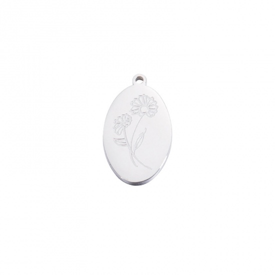 Bild von 1 Stück Umweltfreundlich 304 Edelstahl April Geburtsmonat Blume Charms Silberfarbe Oval Gänseblümchen Spiegel 22mm x 14mm