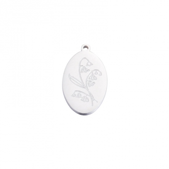Bild von 1 Stück Umweltfreundlich 304 Edelstahl Mai Geburtsmonat Blume Charms Silberfarbe Oval Maiglöckchen Spiegel 22mm x 14mm