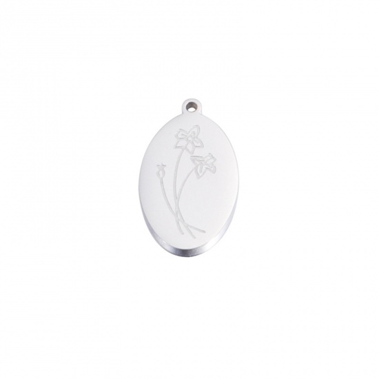 Bild von 1 Stück Umweltfreundlich 304 Edelstahl Juli Geburtsmonat Blume Charms Silberfarbe Oval Garten-Feldrittersporn Spiegel 22mm x 14mm