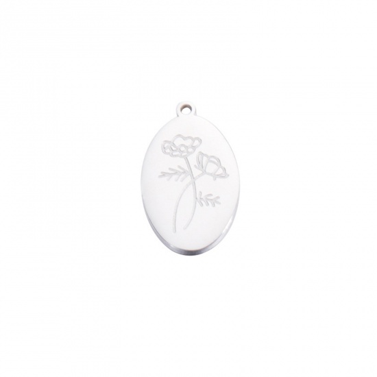 Bild von 1 Stück Umweltfreundlich 304 Edelstahl Oktober Geburtsmonat Blume Charms Silberfarbe Oval Kosmos-Blume Spiegel 22mm x 14mm