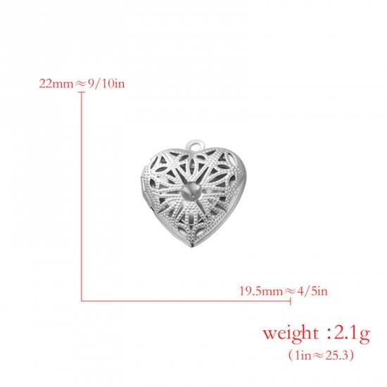 Picture of 304 Stainless Steel Picture Photo Frame Locket Charms Silver Tone Heart Filigree Can Open 22mm x 19.5mm, 2 PCs