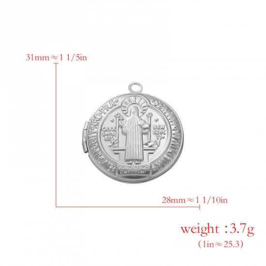 Picture of 304 Stainless Steel Picture Photo Frame Locket Pendants Silver Tone Round Jesus Can Open 31mm x 28mm, 2 PCs
