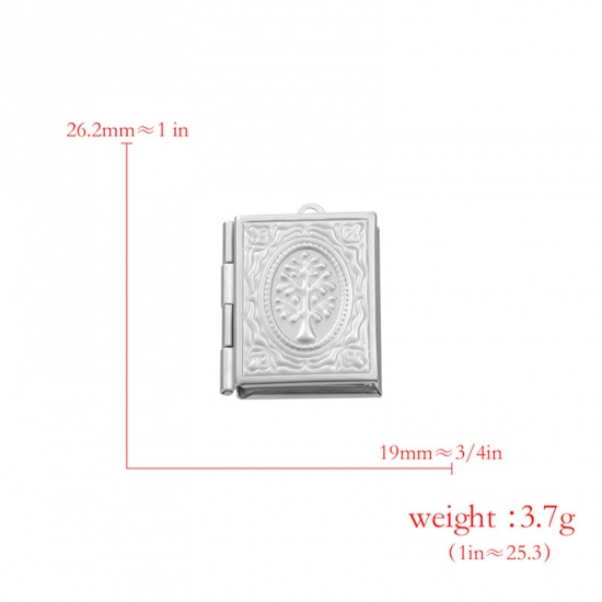 Picture of 304 Stainless Steel Picture Photo Frame Locket Charms Silver Tone Book Tree Can Open 26mm x 19mm, 2 PCs