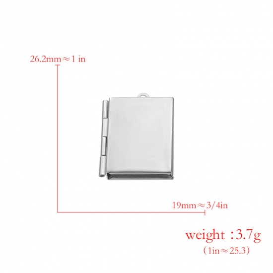 Picture of 304 Stainless Steel Picture Photo Frame Locket Charms Silver Tone Book Can Open 26mm x 19mm, 2 PCs
