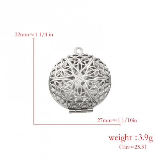 Picture of 304 Stainless Steel Picture Photo Frame Locket Pendants Silver Tone Round Filigree Can Open 32mm x 27mm, 2 PCs