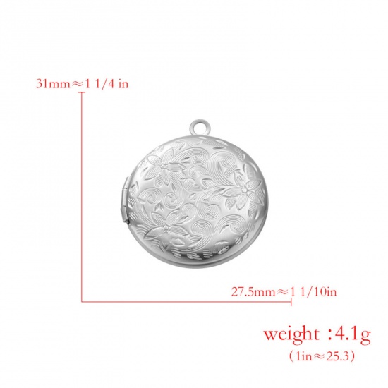 Picture of 304 Stainless Steel Picture Photo Frame Locket Pendants Silver Tone Round Flower Can Open 31mm x 27.5mm, 2 PCs