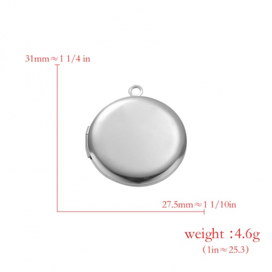 Picture of 304 Stainless Steel Picture Photo Frame Locket Pendants Silver Tone Round Can Open 31mm x 27.5mm, 2 PCs
