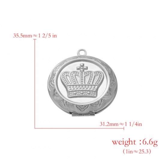 Picture of 304 Stainless Steel Picture Photo Frame Locket Pendants Silver Tone Round Crown Can Open 35.5mm x 31mm, 2 PCs