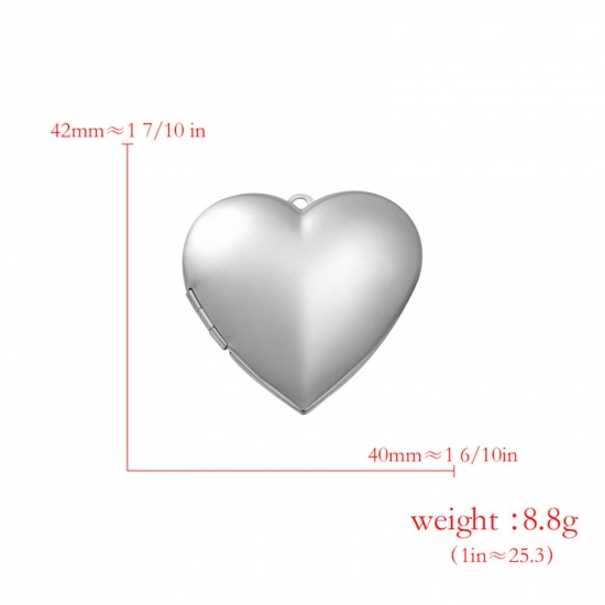 Picture of 304 Stainless Steel Picture Photo Frame Locket Pendants Silver Tone Heart Can Open 42mm x 40mm, 2 PCs