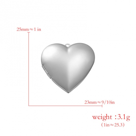 Picture of 304 Stainless Steel Picture Photo Frame Locket Charms Silver Tone Heart Can Open 25mm x 23mm, 2 PCs