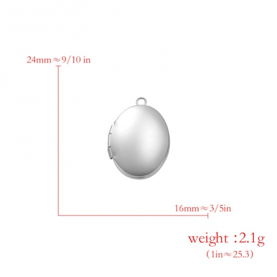 Picture of 304 Stainless Steel Picture Photo Frame Locket Charms Silver Tone Oval Can Open 24mm x 16mm, 2 PCs