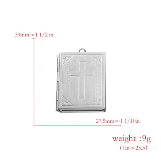 Picture of 304 Stainless Steel Picture Photo Frame Locket Pendants Silver Tone Book Cross Can Open 39mm x 27.5mm, 2 PCs