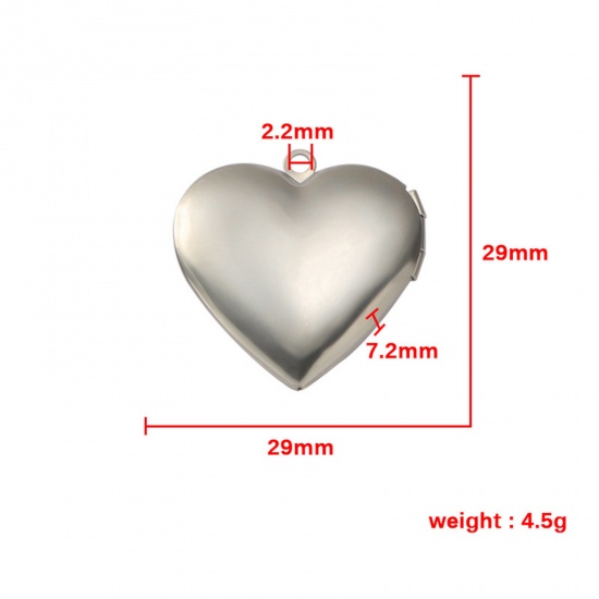Picture of 304 Stainless Steel Picture Photo Frame Locket Charms Silver Tone Heart Can Open 29mm x 29mm, 2 PCs