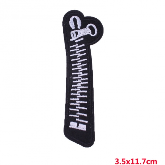 Picture of Polyester Embroidery Iron On Patches Appliques (With Glue Back) DIY Sewing Craft Clothing Decoration Black Zipper 11.7cm x 3.5cm, 5 PCs