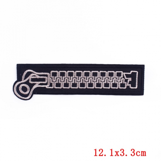 Picture of Polyester Embroidery Iron On Patches Appliques (With Glue Back) DIY Sewing Craft Clothing Decoration Black Zipper 12.1cm x 3.3cm, 5 PCs