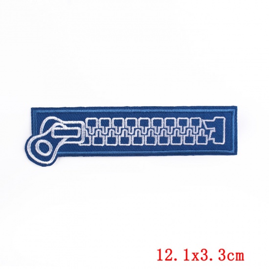 Picture of Polyester Embroidery Iron On Patches Appliques (With Glue Back) DIY Sewing Craft Clothing Decoration Blue Zipper 12.1cm x 3.3cm, 5 PCs