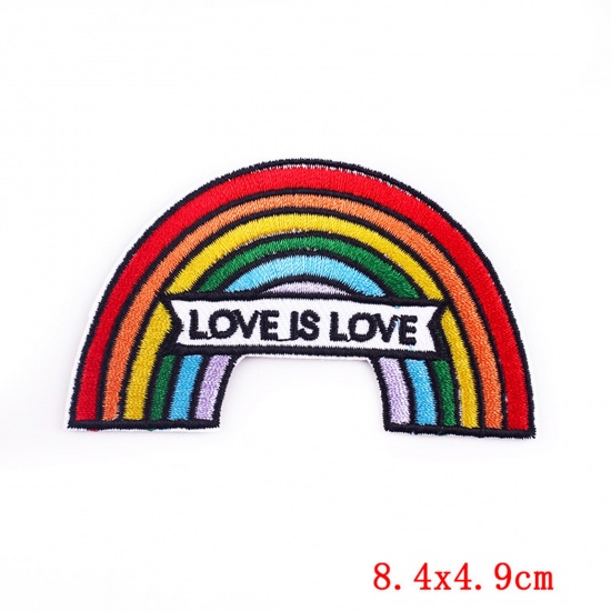 Picture of Polyester Embroidery Iron On Patches Appliques (With Glue Back) DIY Sewing Craft Clothing Decoration Multicolor Rainbow Message " LOVE IS LOVE " 8.4cm x 4.9cm, 1 Piece
