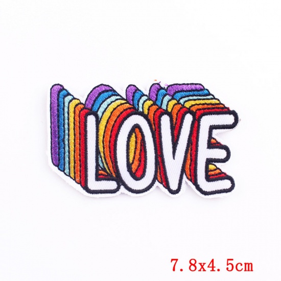 Picture of Polyester Embroidery Iron On Patches Appliques (With Glue Back) DIY Sewing Craft Clothing Decoration Multicolor Rainbow Message " LOVE " 7.8cm x 4.5cm, 1 Piece