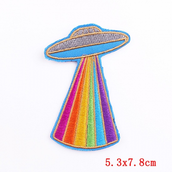 Picture of Polyester Embroidery Iron On Patches Appliques (With Glue Back) DIY Sewing Craft Clothing Decoration Multicolor Flying Saucer Rainbow 7.8cm x 5.3cm, 1 Piece