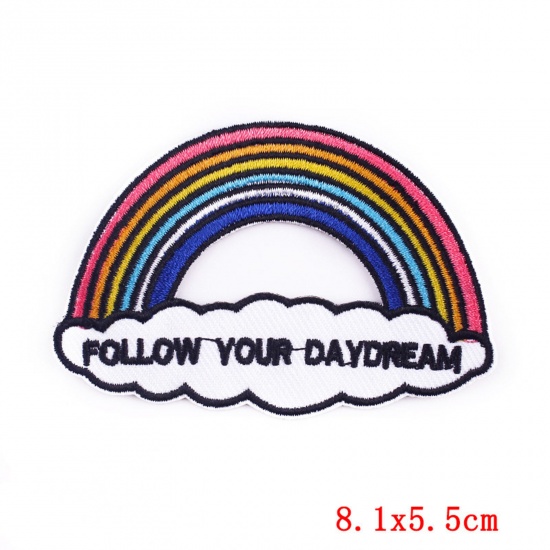 Picture of Polyester Embroidery Iron On Patches Appliques (With Glue Back) DIY Sewing Craft Clothing Decoration Multicolor Rainbow Message " Follow Your Daydream " 8.1cm x 5.5cm, 1 Piece