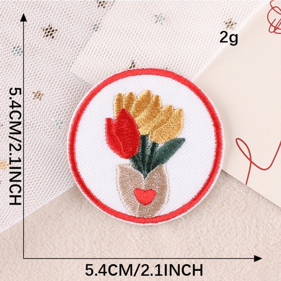 Picture of Polyester Embroidery Self-adhesive Patches Appliques DIY Sewing Craft Clothing Decoration Multicolor Tulip Flower 5.4cm x 5.4cm, 1 Piece