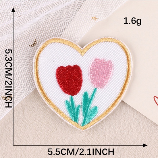 Picture of Polyester Embroidery Self-adhesive Patches Appliques DIY Sewing Craft Clothing Decoration Multicolor Tulip Flower 5.5cm x 5.3cm, 1 Piece