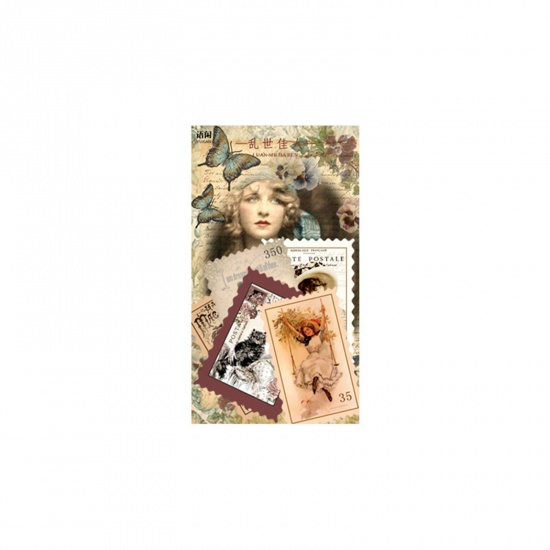 Picture of Paper Retro DIY Scrapbook Deco Stickers Multicolor Postage Stamp Beauty Lady 16cm x 9cm, 1 Set ( 60 PCs/Set)