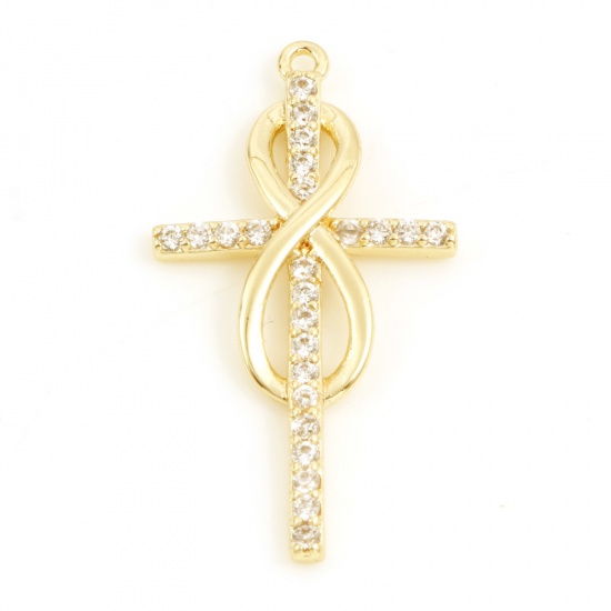 Picture of Brass Religious Charms 18K Real Gold Plated Cross Infinity Symbol Micro Pave Clear Cubic Zirconia 28mm x 15mm, 1 Piece