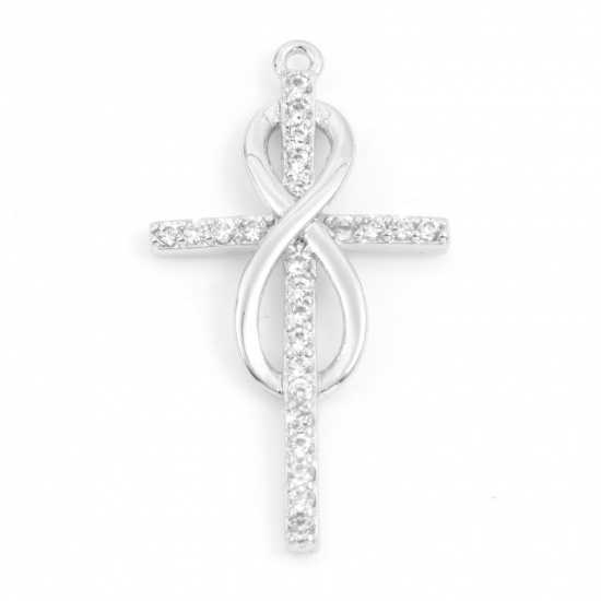 Picture of Brass Religious Charms Real Platinum Plated Cross Infinity Symbol Micro Pave Clear Cubic Zirconia 28mm x 15mm, 1 Piece