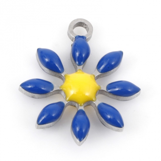 Picture of 304 Stainless Steel Flora Collection Charms Silver Tone Royal Blue Flower Double-sided Enamel 15mm x 13mm, 5 PCs