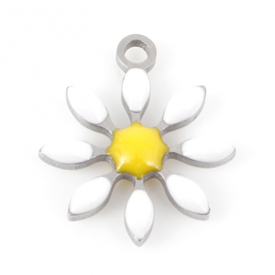 Picture of 304 Stainless Steel Flora Collection Charms Silver Tone White Flower Double-sided Enamel 15mm x 13mm, 5 PCs