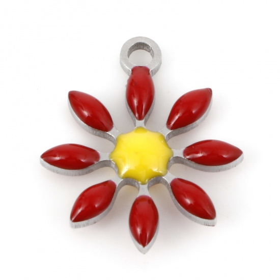 Picture of 304 Stainless Steel Flora Collection Charms Silver Tone Red Flower Double-sided Enamel 15mm x 13mm, 5 PCs