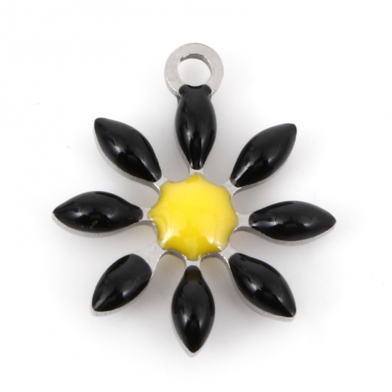 Picture of 304 Stainless Steel Flora Collection Charms Silver Tone Black Flower Double-sided Enamel 15mm x 13mm, 5 PCs