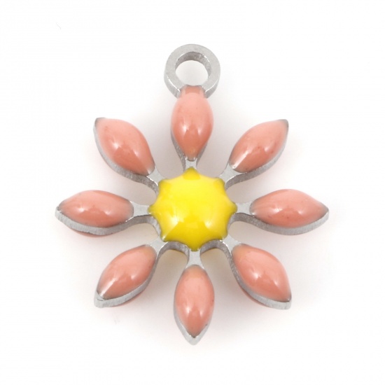 Picture of 304 Stainless Steel Flora Collection Charms Silver Tone Orange Pink Flower Double-sided Enamel 15mm x 13mm, 5 PCs