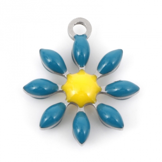 Picture of 304 Stainless Steel Flora Collection Charms Silver Tone Green Blue Flower Double-sided Enamel 15mm x 13mm, 5 PCs