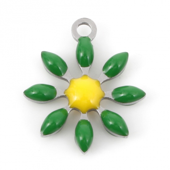 Picture of 304 Stainless Steel Flora Collection Charms Silver Tone Green Flower Double-sided Enamel 15mm x 13mm, 5 PCs