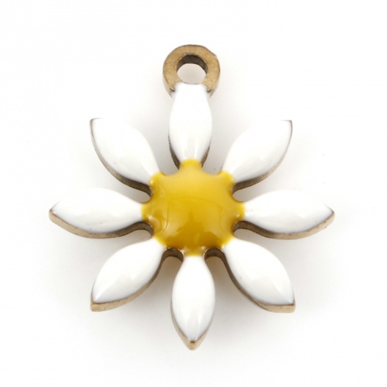 Immagine di 5 Pz Placcatura Sottovuoto 304 Acciaio Inossidabile Collezione Flora Ciondoli Oro Placcato Bianco Fiore Smalto a Doppia Faccia 15mm x 13mm