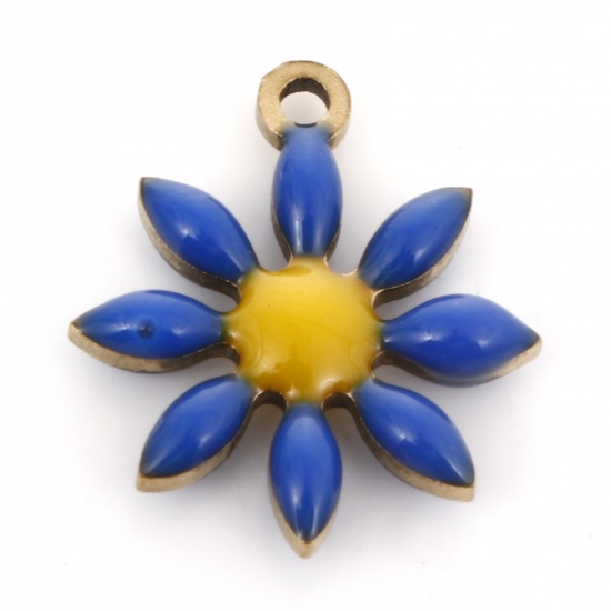 Immagine di 5 Pz Placcatura Sottovuoto 304 Acciaio Inossidabile Collezione Flora Ciondoli Oro Placcato Blu Marino Fiore Smalto a Doppia Faccia 15mm x 13mm