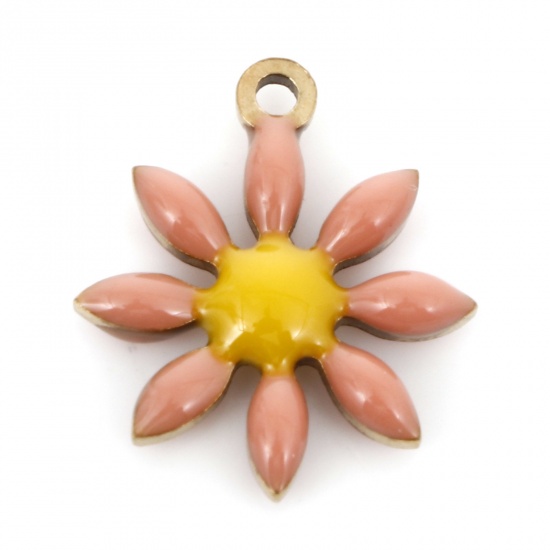 Immagine di 5 Pz Placcatura Sottovuoto 304 Acciaio Inossidabile Collezione Flora Ciondoli Oro Placcato Arancione Rosa Fiore Smalto a Doppia Faccia 15mm x 13mm