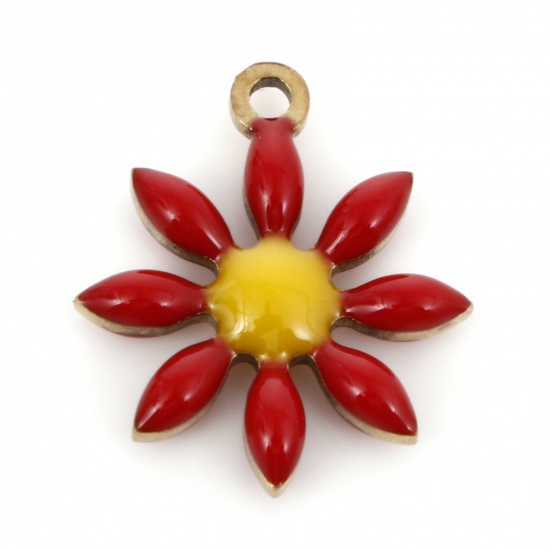 Immagine di 5 Pz Placcatura Sottovuoto 304 Acciaio Inossidabile Collezione Flora Ciondoli Oro Placcato Rosso Fiore Smalto a Doppia Faccia 15mm x 13mm