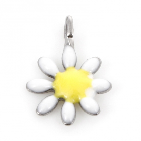 304ステンレス鋼 フローラコレクション チャーム シルバートーン 白 花 両面エナメル 10mm x 7mm、 10 個 の画像