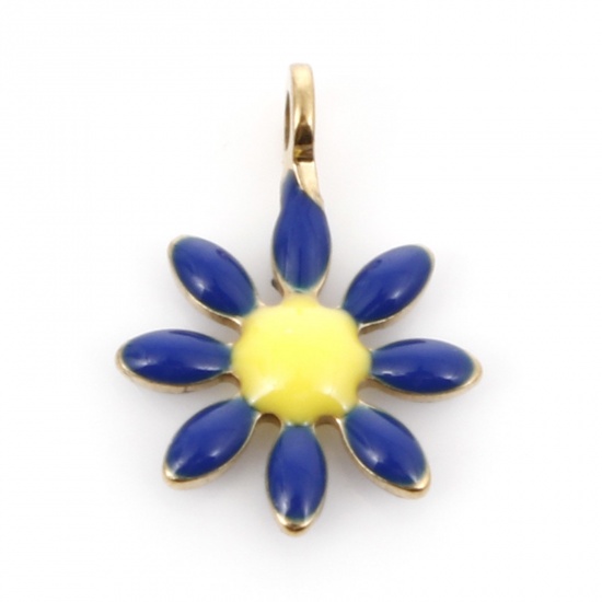Image de 10 Pcs Breloques en 304 Acier Inoxydable Placage sous Vide Collection Végétale Doré Bleu Foncé Fleurs Émail Double Face 10mm x 7mm 
