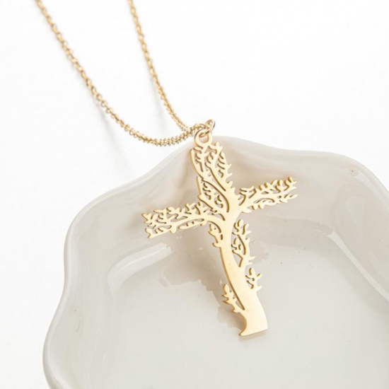 Picture of 304 Stainless Steel Stylish Link Cable Chain Necklace 18K Gold Color Cross 45cm(17 6/8") long, 1 Piece